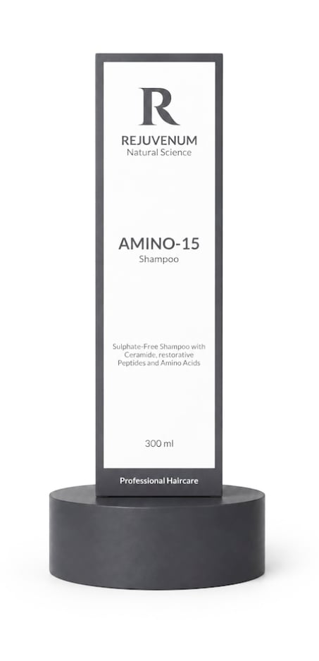 Amino-15 Shampoo on a charcoal plinth