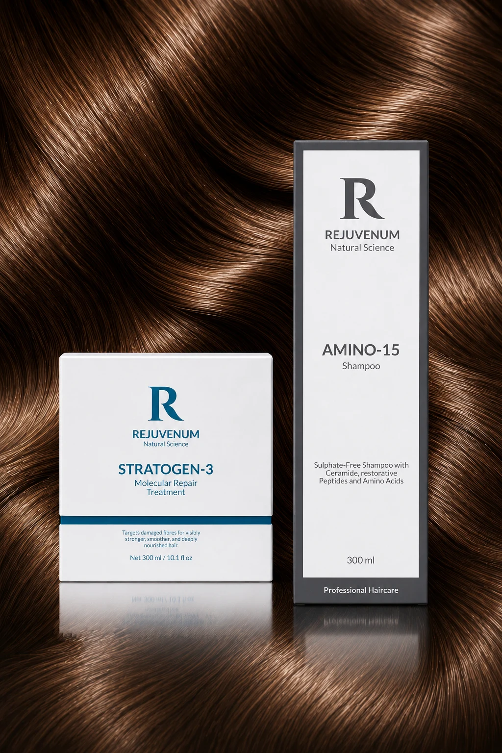 Stratogen-3 Molecular Repair Treatment with Amino-15 Shampoo on a glossy hair background