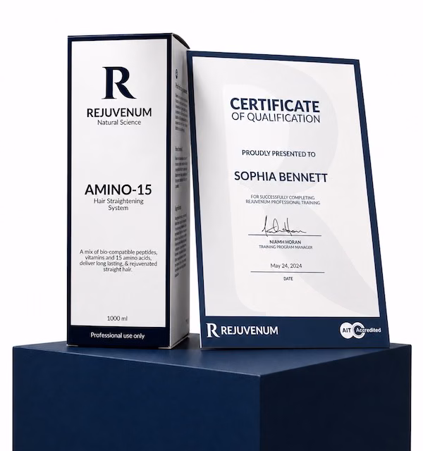 Rejuvenum Amino-15 bottle beside a certificate of qualification