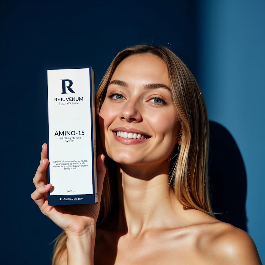 Rejuvenum professional haircare product held in studio